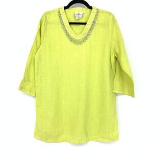 Hot Cotton Top Women's Sz Small V-Neck Linen Beaded Trim Tunic 3/4 Sleeve Citron